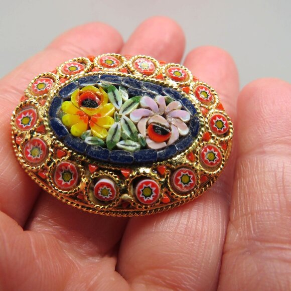 Vintage Italian Micro Mosaic Floral Brooch Millefiori Pin Gold Tone Oval Shape - Picture 12 of 13